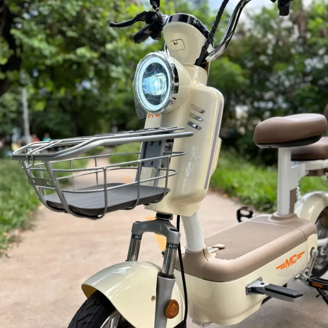 Cesta metálica dianteira para compras e itens do dia a dia. Tudo à mão, sem improviso